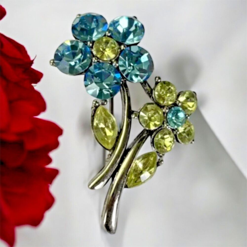 Vintage Blue and Yellow Rhinestone Brooch – 2" Goldtone Crystal Flower Design